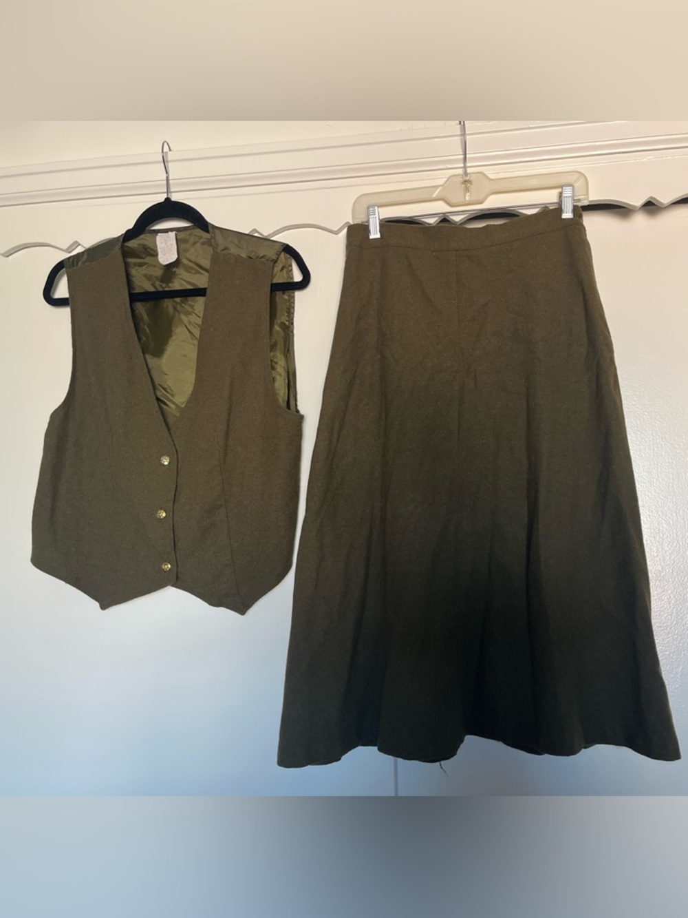 Vintage Olive Green Wool blend A-Line Skirt and Vest Set